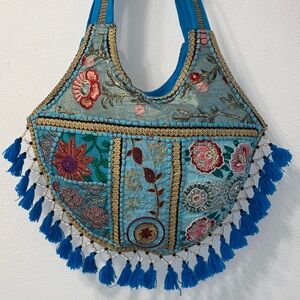 Embroidered Blue Floral Tote Bag